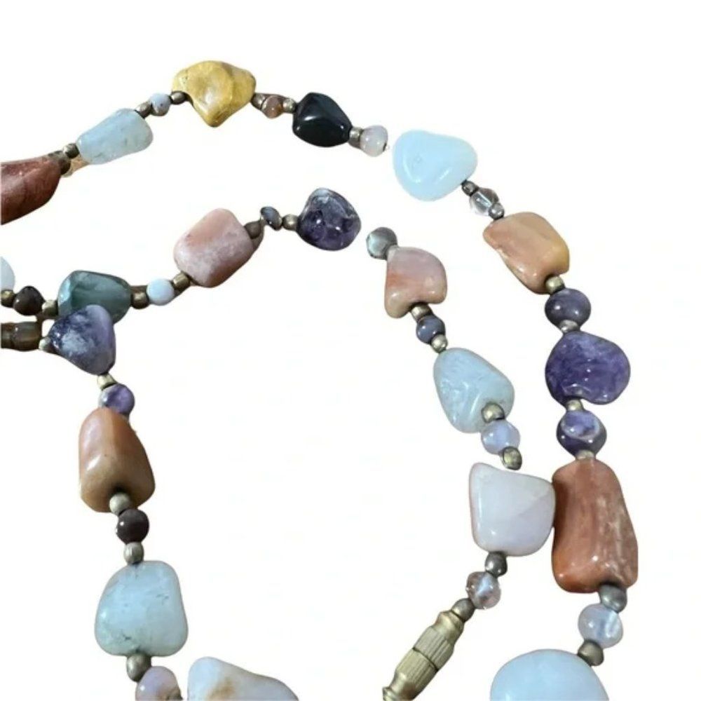 Colorful Stone Layering Necklace With Beads Between Stones Mystery Closure Clasp - Picture 10 of 13